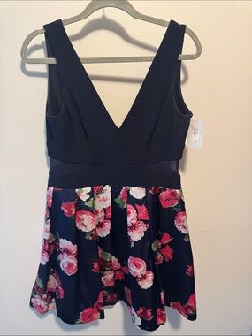 Xscape One-Shoulder Floral Fit-and-Flare Dress - Navy and Pink